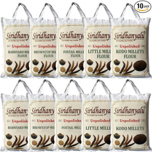 Siridhanya Unpolished & Organic Millet 5 Grains + 5 Flour Combo (Kodo Little Foxtail Browntop & Barnyard) Gwt. (10) Kg.