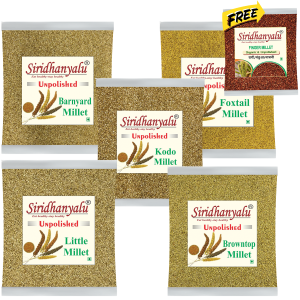Siridhanyalu Millets: Kodo, Browntop, Barnyard, Little, Foxtail, Organic, 900gm Each (Buy 5, get 250gm Finger Millet Completely Free)