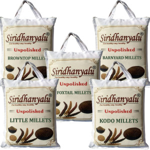 Millets on Amazon, Kodo, Little, Foxtail, Barnyard, Browntop Siridhanya Millet Unpolished and Organic 920gm Each, 5 Positive Millets