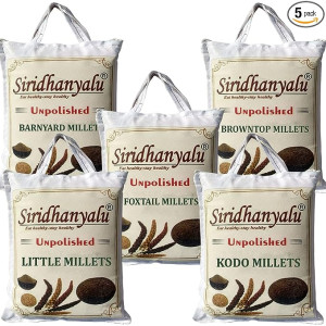 siridhanyalu Unpolished Millet Siridhanya 5 Types Of Organic Millets Rice Little Kodo Browntop Barnyard& ;Foxtail 250Gm Each-Punjabi (Gwt.1500 Gm.)