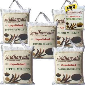Siridhanyalu Millets: Kodo, Browntop, Barnyard, Little, Foxtail, Organic, 900gm Each (Buy 5, get 250gm Proso Millet Completely Free)