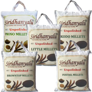 Siridhanyalu Millets  Kodo, Little, Foxtail, Browntop and Proso Siridhanya Millet Siridhanya Millet Unpolished and Organic 900gm Each