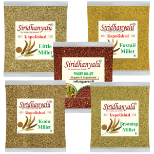 Siridhanyalu Millets Kodo, Foxtail, Browntop, Finger Millet and Little Siridhanya Millet Siridhanya Millet Unpolished and Organic 900gm Each