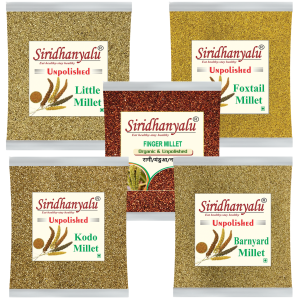 Siridhanyalu Millets Kodo,Foxtail,Barnyard,FingerMillet and Little Siridhanya Millet Siridhanya Millet Unpolished and Organic 900gm Each