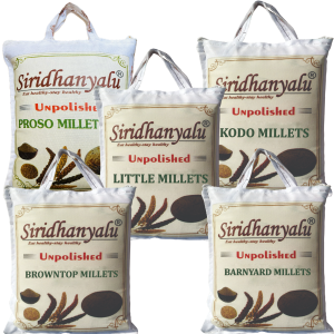 Siridhanyalu Millets Kodo, Little, Browntop, Barnyard and Proso Siridhanya Millet Siridhanya Millet Unpolished and Organic 900gm Each