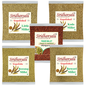 Siridhanyalu Millets Kodo,Browntop,Barnyard,Finger Millet and Little Siridhanya Millet Siridhanya Millet Unpolished and Organic 900gm Each,5 Positive