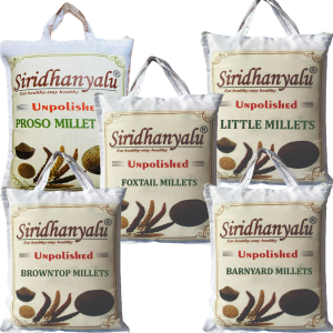 Siridhanyalu Millets Little, Foxtail, Barnyard,Browntop and Proso Siridhanya Millet Siridhanya Millet Unpolished and Organic 900gm Each