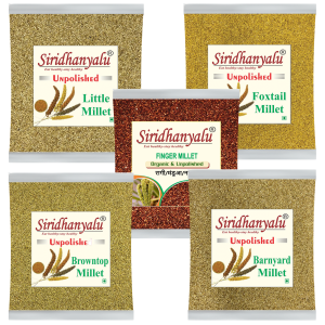 Siridhanyalu Millets Foxtail, Browntop, Barnyard, Finger Millet and Little Siridhanya Millet Unpolished and Organic 900gm Each,5 Positive Millets